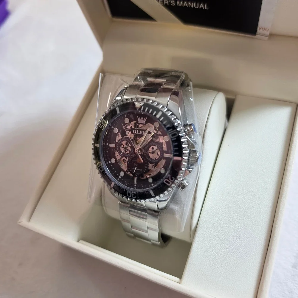 OLEVS 6715 Mens Automatic Skeleton Watch Silver Stainless Steel Moon Phase Black